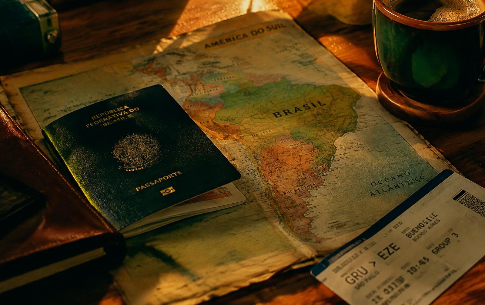 Passaporte brasileiro sobre mapa da América do Sul